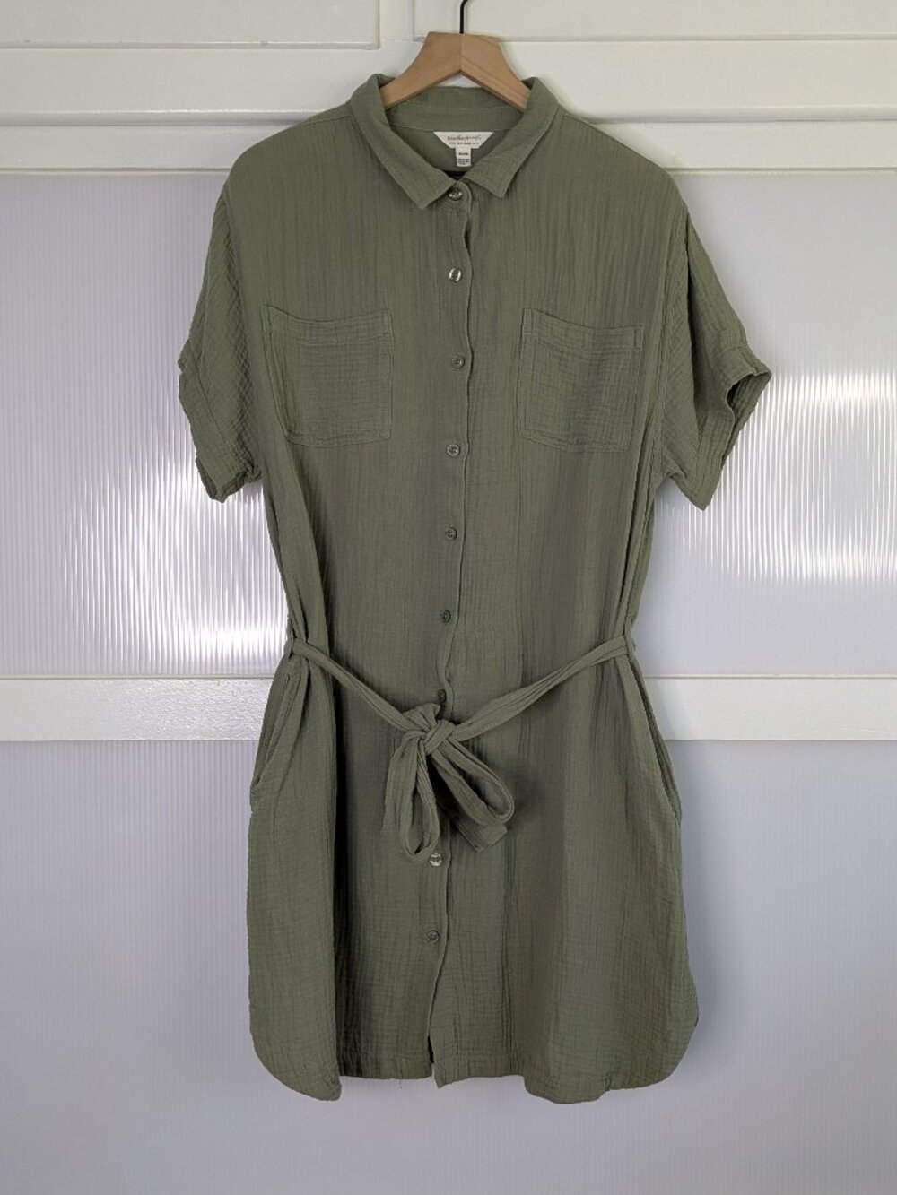 Weatherproof Vintage Gauze Green Cotton Dress Button Front Belt Size XL Casual